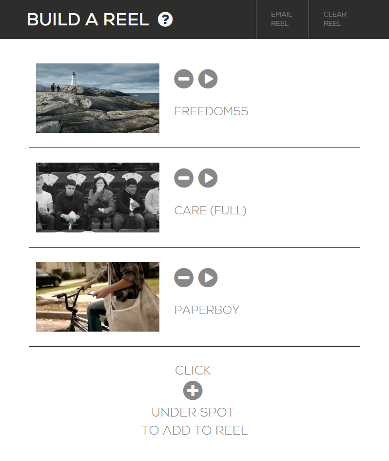 screenshot of Build a Reel pop-up page