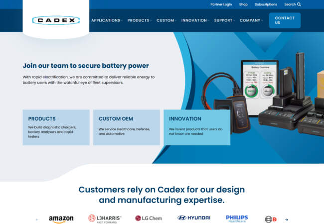 screenshot of Cadex website
