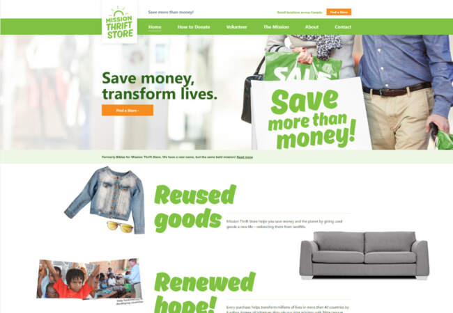 screenshot of Mission Thrift Store website