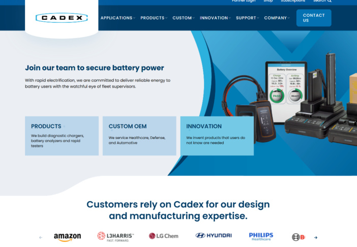 screenshot of Cadex website